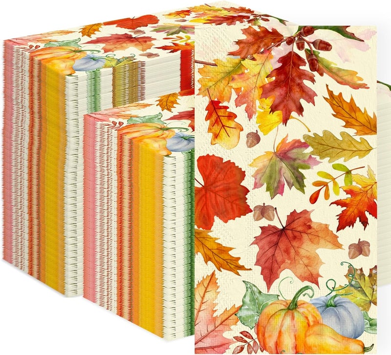 Tbsone Fall and Thanksgiving Paper Napkins Disposable: Guest Dinner Hand Towels, Cocktail Party Decorations, Autumn Maple Leaves and Pumpkin Pattern (4.3x7.9 Inches, 100, Count) - Image 1